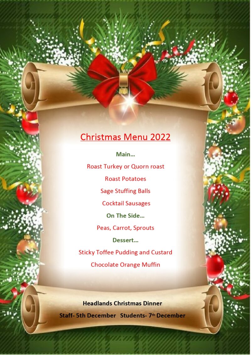 Christmas Menu 2022 Headlands School